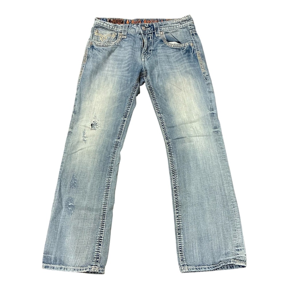 Rock Revival Nelson Bootcut Jeans Mens 33x32 Light Wash Distressed Buckle Denim
